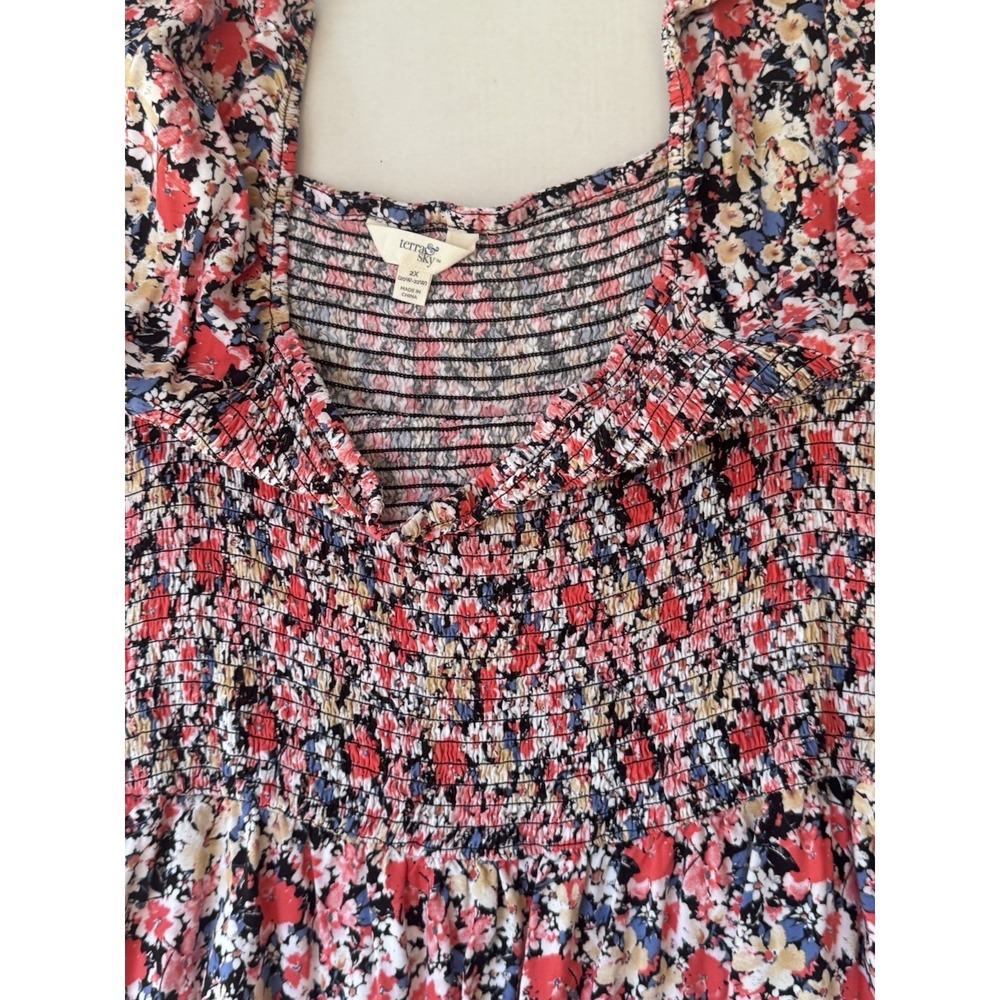Terra & Sky Floral Smocked Mini Dress Womens 2x Square Neck 3/4 Sleeve - Picture 7 of 13